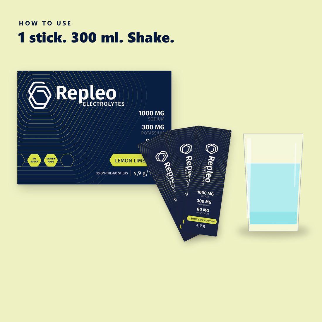 How to use Repleo Lemon Lime: 1 stick in 300 ml water, shake